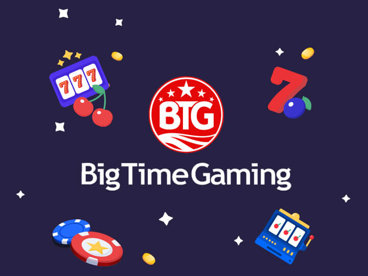 Big Time Gaming logo surrounded by casino symbols