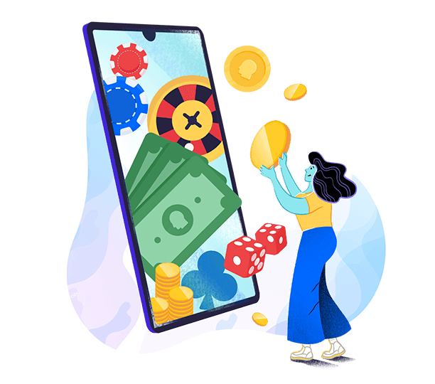 Woman with coins near mobile device showing cash and casino symbols