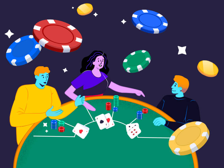 Couple playing baccarat surrounded by flying casino symbols