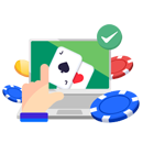 Hands playing approve online blackjack game with casino symbols in background